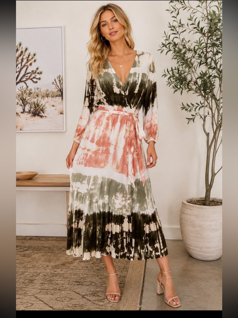 Young Fabulous & Broke faux, wrap MIDI Dress Olive, Blush & White Tie-Dye